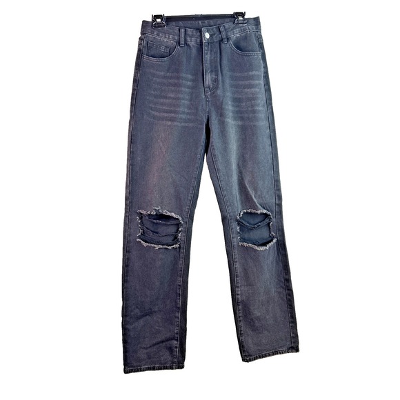 SHEIN Distressed Mom Jeans Women's Size M X-Long‎ High Rise Black Ripped Knees - Picture 1 of 16